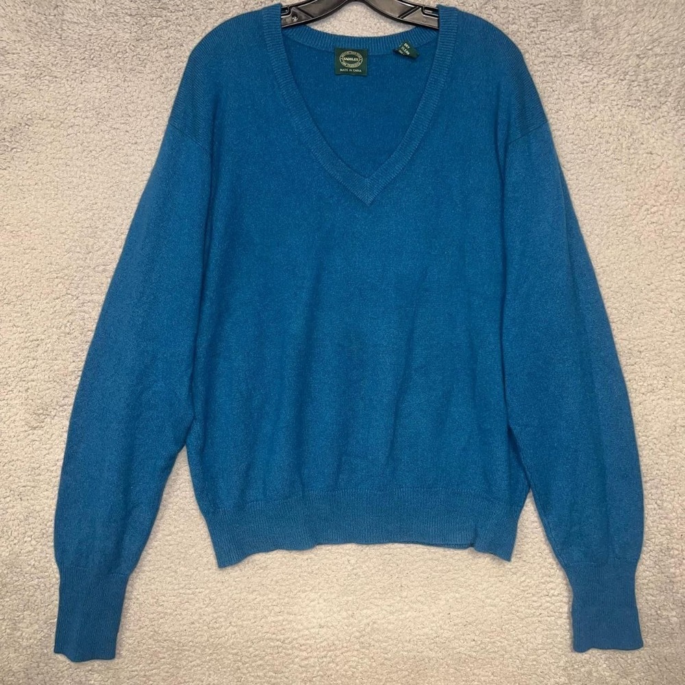 VTG Saddles Sweater Mens Sz L Blue 100% Cashmere Knit V Neck Pullover Sweatshirt